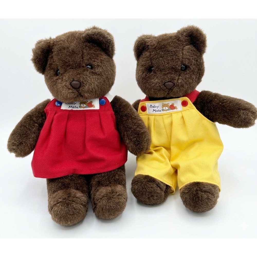 Manhattan Toy Co Vtg Teddy Bear Pair Plush Overall‎ Jumpers 1985 Collectible